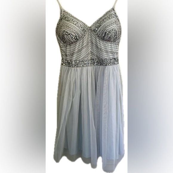MARINA dress spaghetti strap gorgeous beaded bodice gray silver blue sz 12 EUC - Picture 3 of 16